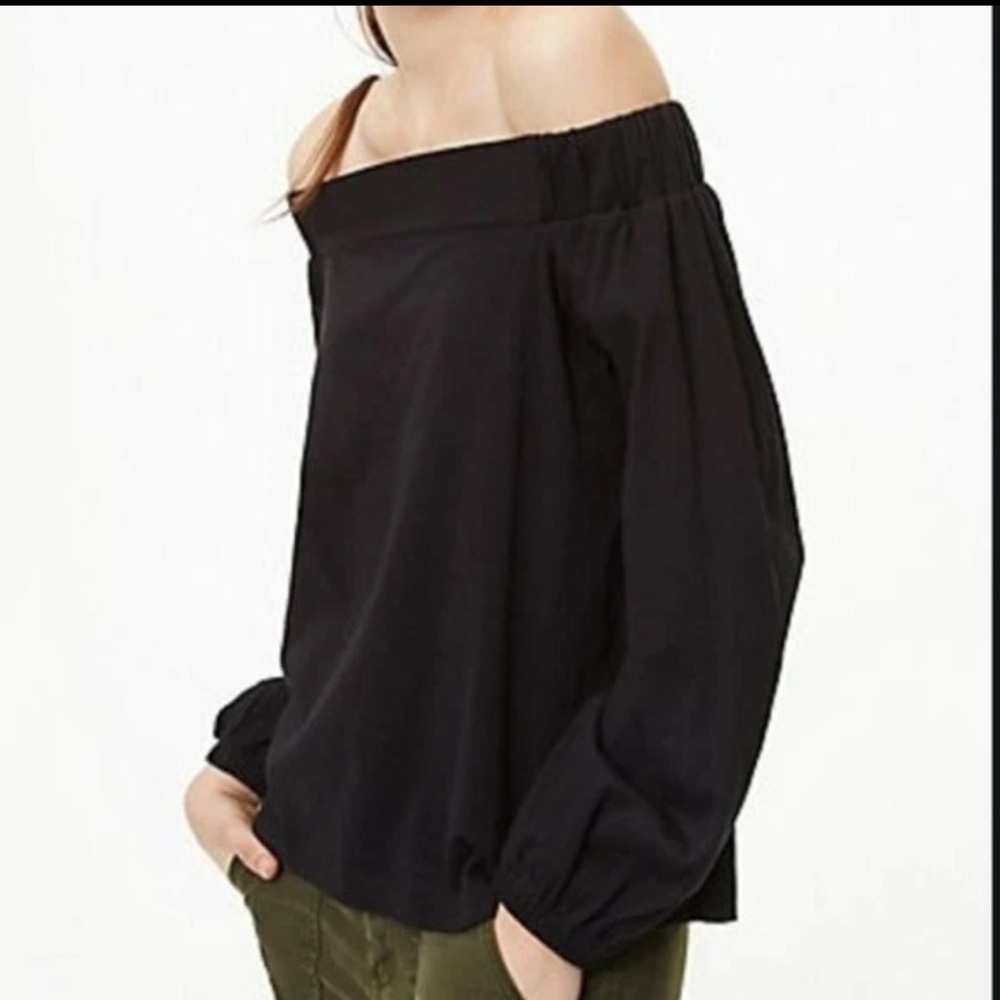 LOFT Sz M Black Off the shoulder 100% Cotton Long sleeves Top Blouse